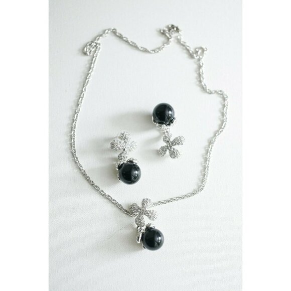 Classic Black FauX Pearl Rhinestone Necklace Set - Picture 1 of 9
